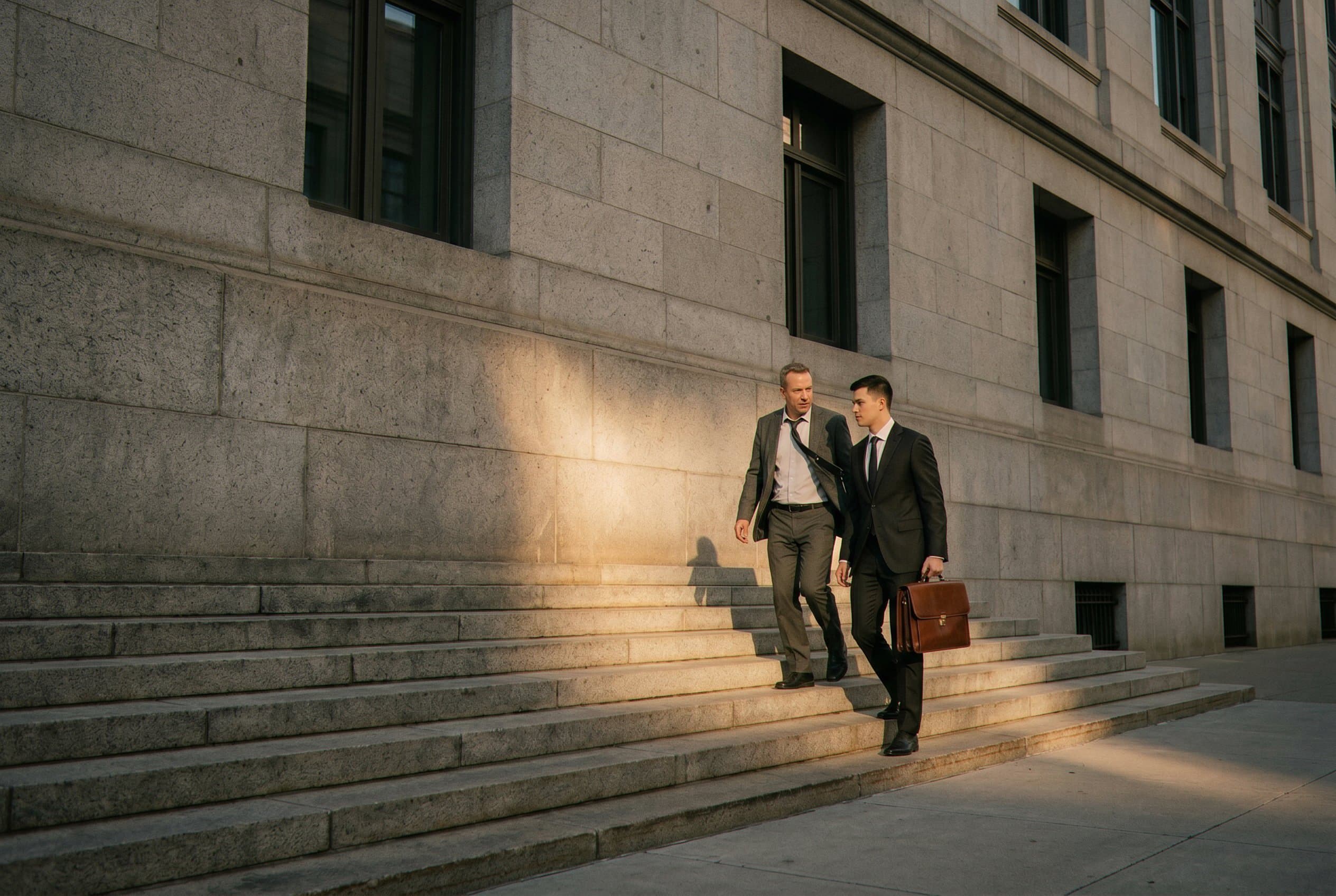 Client leaving courthouse with legal representation