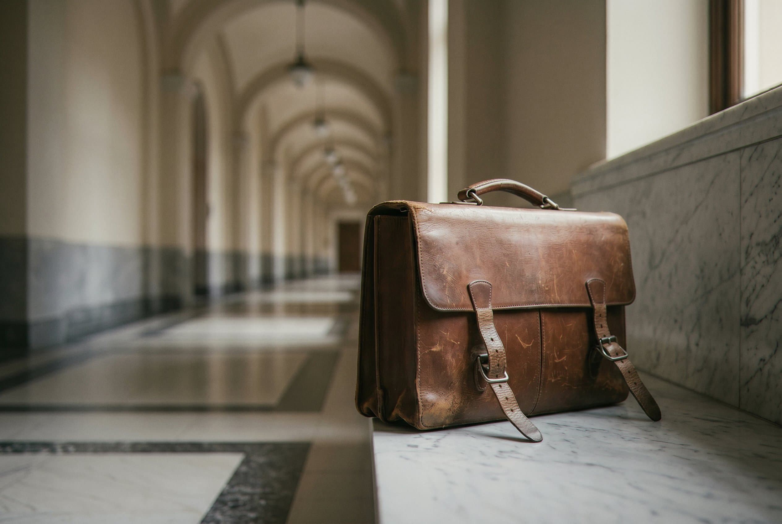Legal briefcase ready on courthouse bench