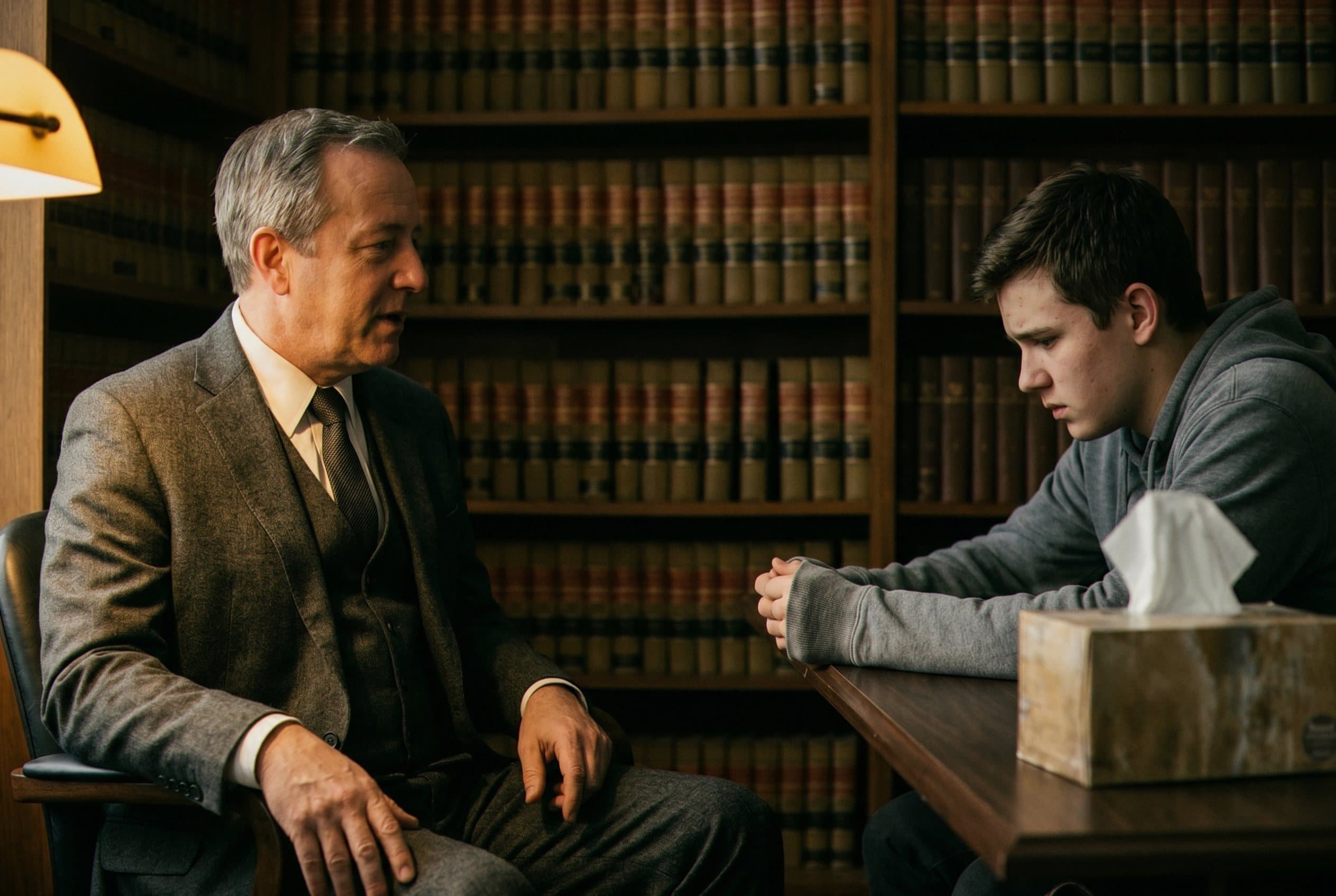 Attorney reassuring young defendant in office