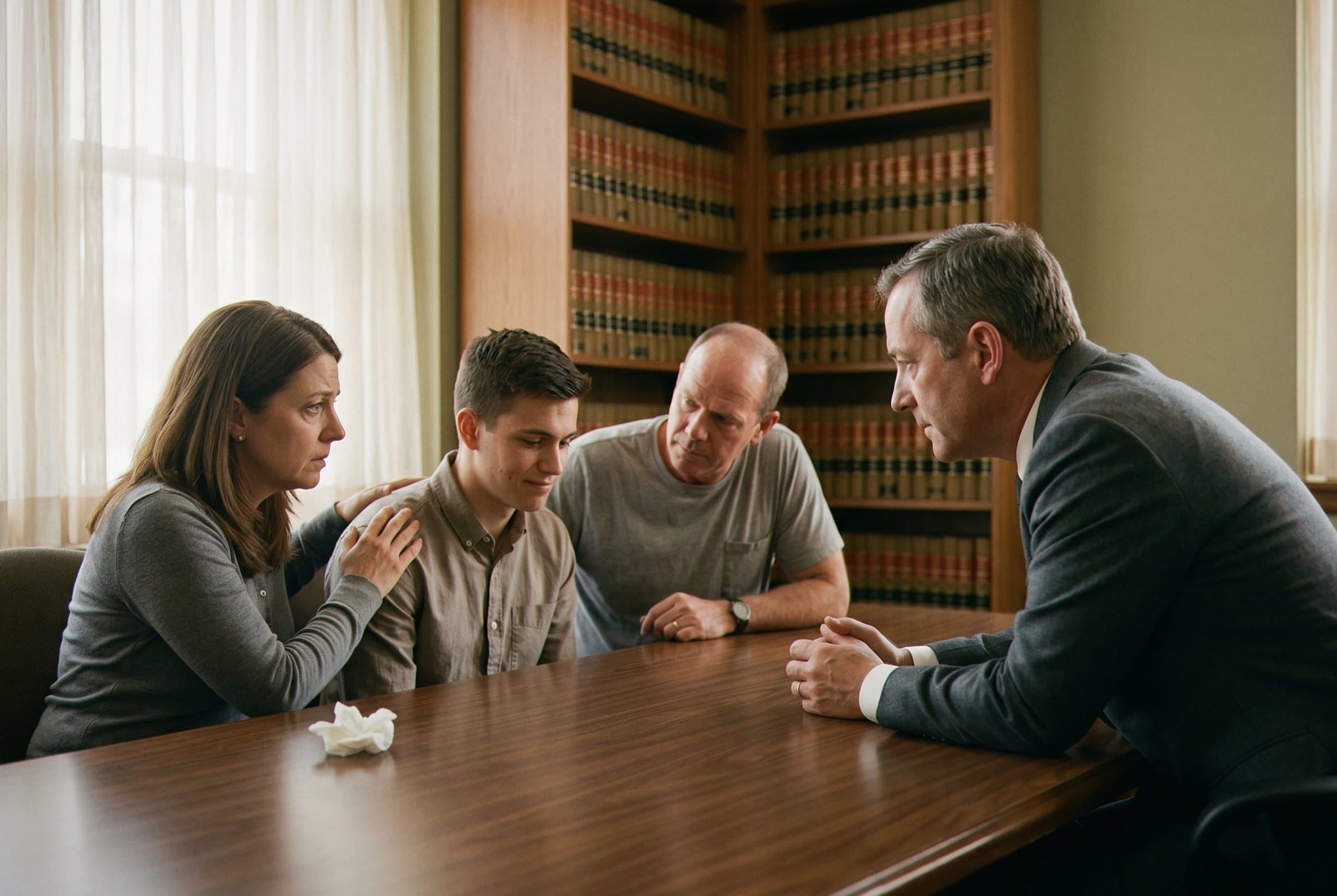 Teen and parents consulting with defense lawyer